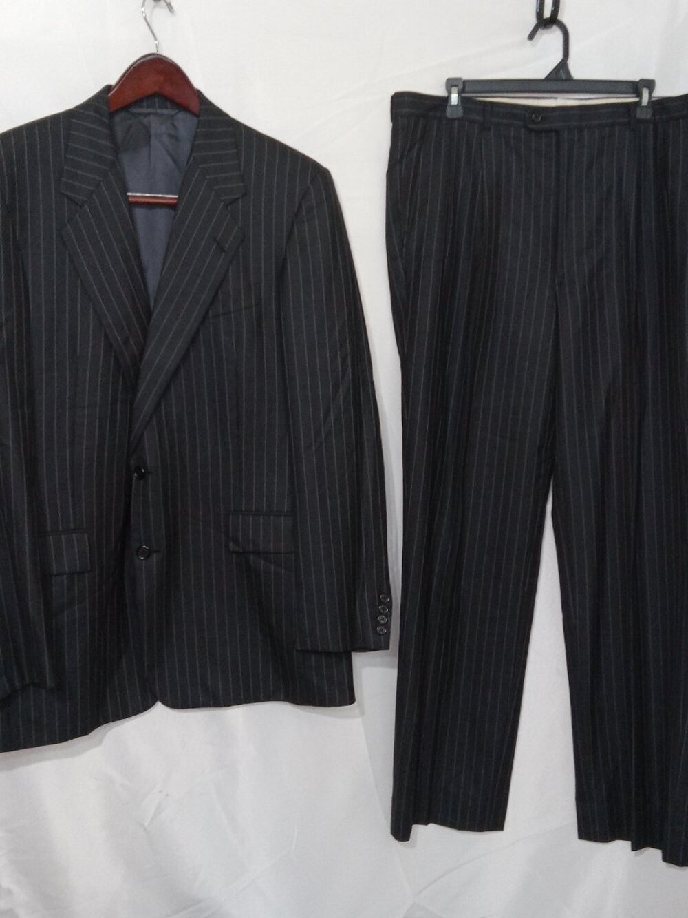 Hickey Freeman Boardroom Suit 42L 38x32 Black Pinstripe Wool Cashmere Mink READ